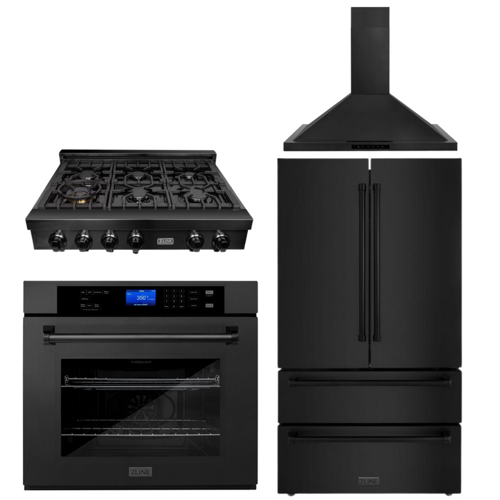 ZLINE 4-Piece Appliance Package - 36 In. Rangetop, Range Hood, Refrigerator, and Wall Oven in Black Stainless Steel, 4KPR-RTBRH36-AWS