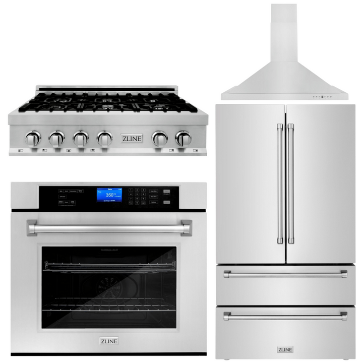 ZLINE 4-Piece Appliance Package - 36 In. Rangetop, Range Hood, Refrigerator, and Wall Oven in Stainless Steel, 4KPR-RTRH36-AWS