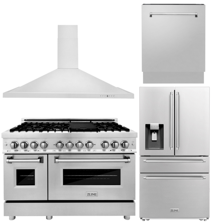 ZLINE Package - 48" Dual Fuel Range, Refrigerator with Water and Ice Dispenser, Range Hood and Dishwasher in Stainless Steel