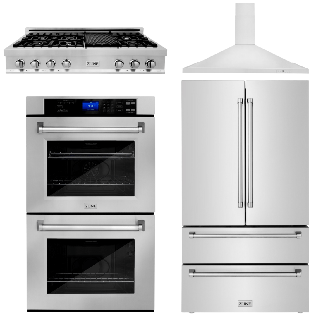 ZLINE 4-Piece Appliance Package - 48 In. Rangetop, Range Hood, Refrigerator, and Double Wall Oven in Stainless Steel, 4KPR-RTRH48-AWD