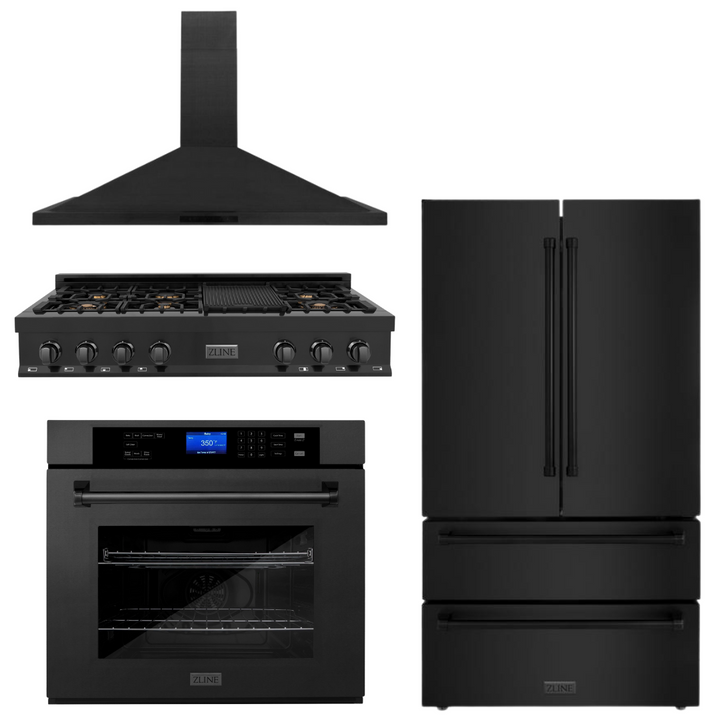 ZLINE 4-Piece Appliance Package - 48 In. Rangetop, Range Hood, Refrigerator, and Wall Oven in Black Stainless Steel, 4KPR-RTBRH48-AWS