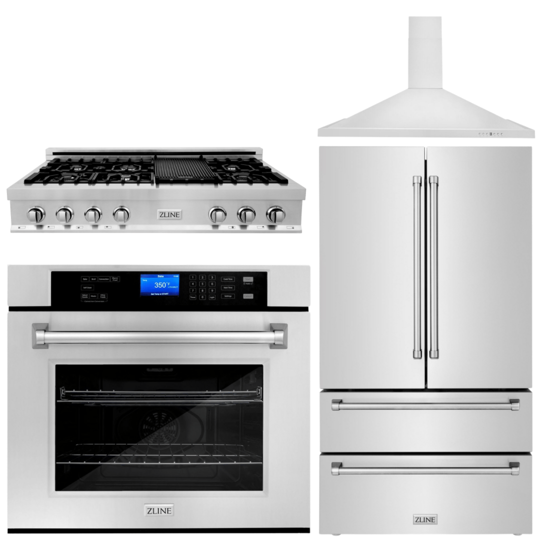 ZLINE 4-Piece Appliance Package - 48 In. Rangetop, Range Hood, Refrigerator, and Wall Oven in Stainless Steel, 4KPR-RTRH48-AWS