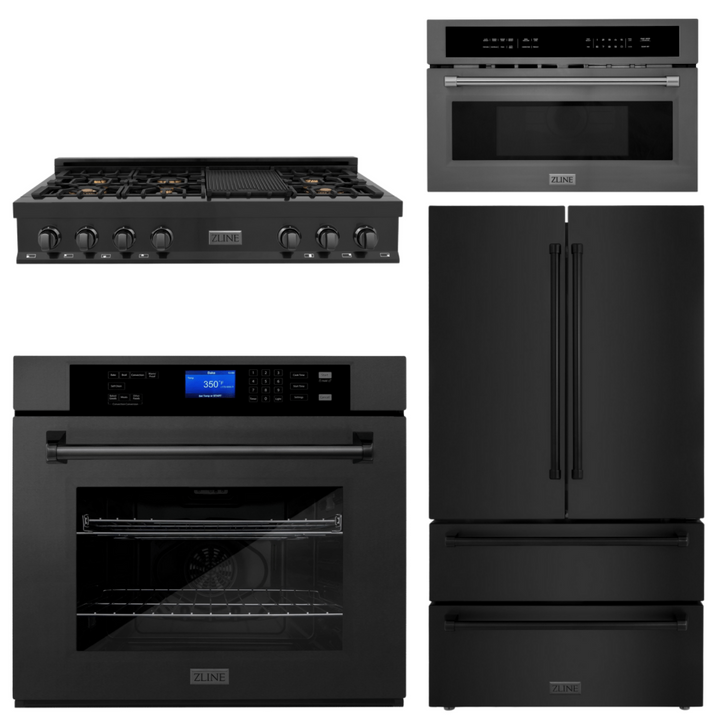 ZLINE 4-Piece Appliance Package - 48 In. Rangetop, Wall Oven, Refrigerator, and Microwave Oven in Black Stainless Steel, 4KPR-RTB48-MWAWS