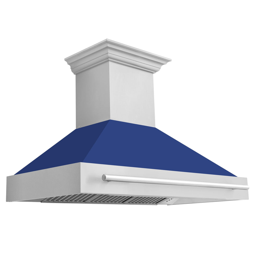 ZLINE 48 In. Stainless Steel Range Hood with Blue Matte Shell and Stainless Steel Handle, 8654STX-BM-48