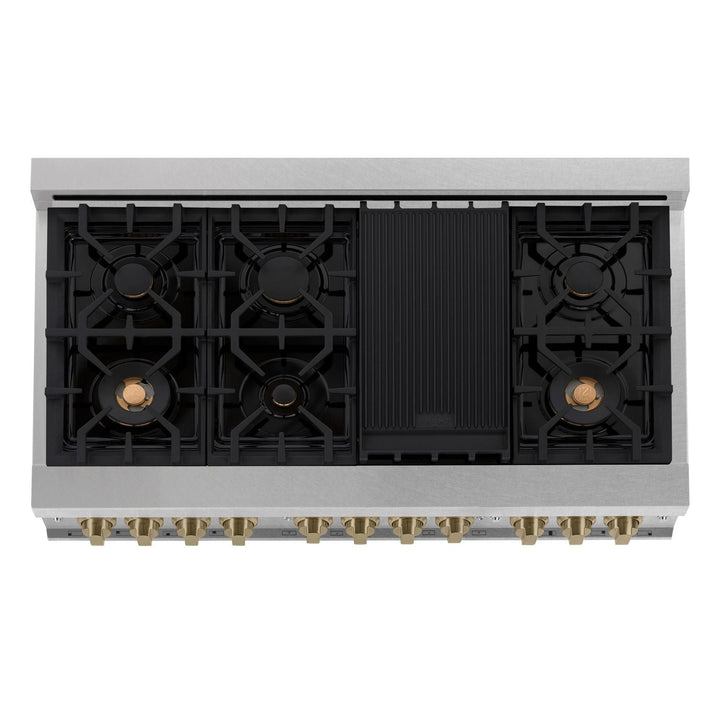 ZLINE Autograph Package - 48 In. Dual Fuel Range and Range Hood in DuraSnow® Stainless Steel with Champagne Bronze Accents, 2AKPR-RASRH48-CB