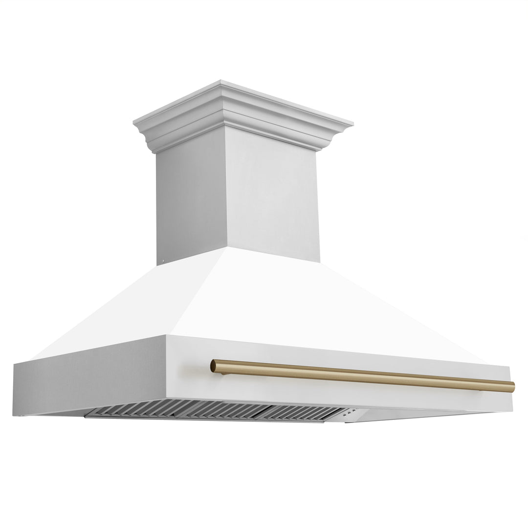 ZLINE Autograph Package - 48 In. Dual Fuel Range, Range Hood, Dishwasher in White Matte with Champagne Bronze Accents, 3AKP-RAWMRHDWM48-CB