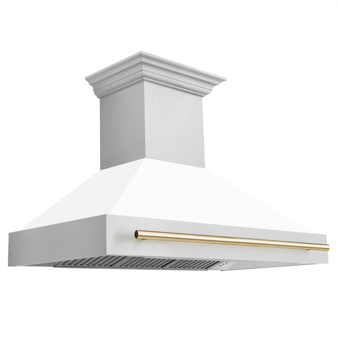 ZLINE Autograph Package - 48 In. Dual Fuel Range with Gold Accent, Range Hood, Dishwasher in White Matte, 3AKP-RAWMRHDWM48-G