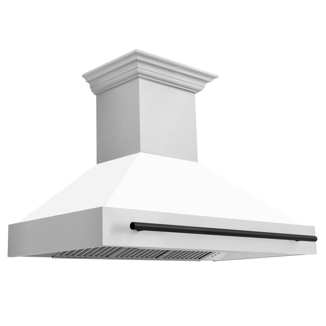 ZLINE Autograph Package - 48 In. Dual Fuel Range, Range Hood, Dishwasher in White Matte with Matte Black Accents, 3AKP-RAWMRHDWM48-MB