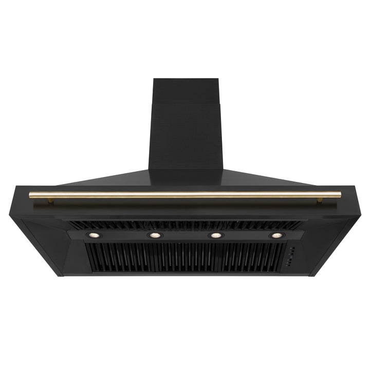 ZLINE Autograph Package - 48" Dual Fuel Range, Range Hood, Refrigerator, Dishwasher in Black Stainless, Gold Accents