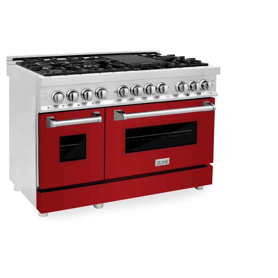 ZLINE 48 in. Dual Fuel Range with Red Gloss Door & 48 in. Range Hood Appliance Package, 2KP-RARGRH48