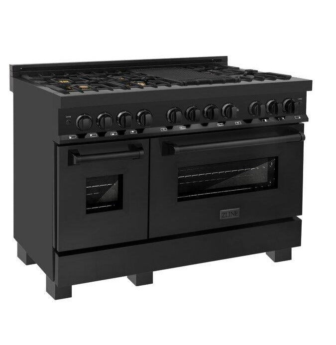 ZLINE 48 In. Dual Fuel Range in Black Stainless Steel & 48" Range Hood Appliance Package, 2KP-RABRH48