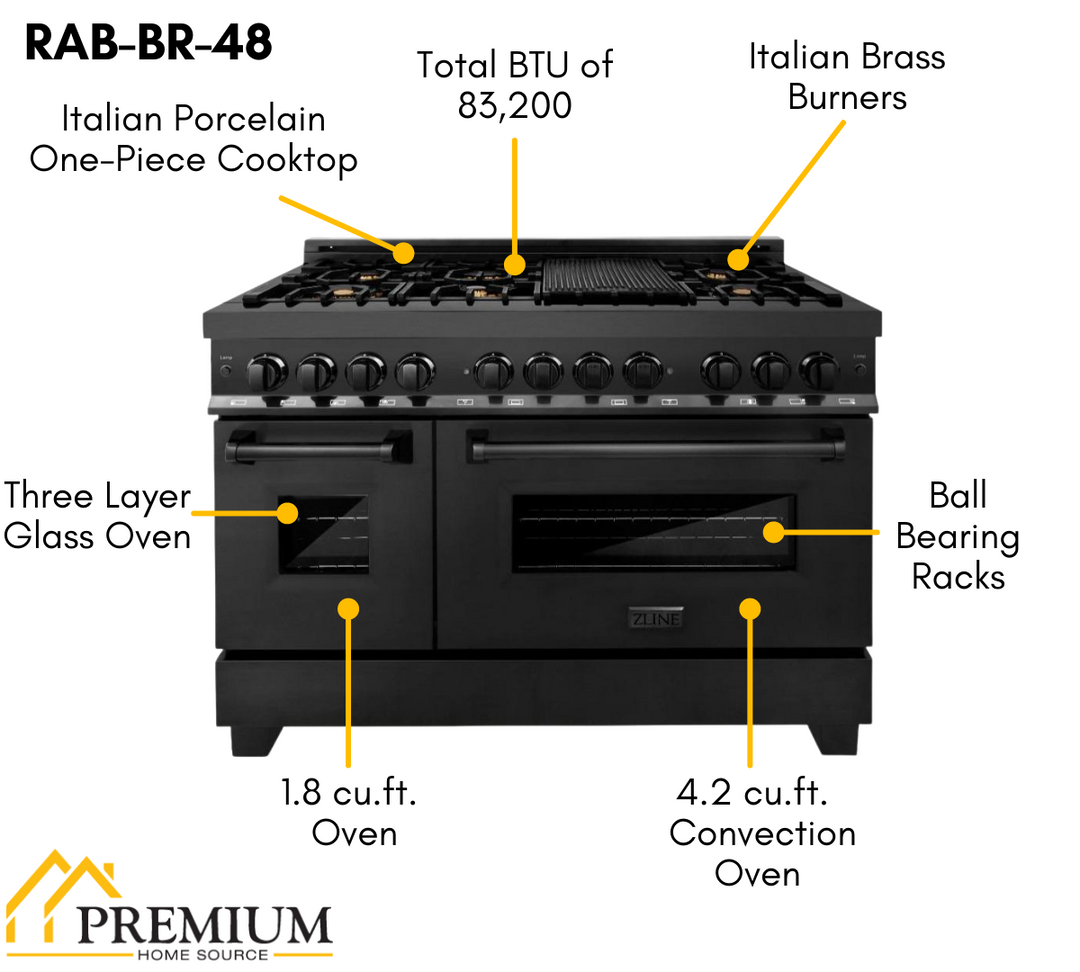 ZLINE Black Stainless Steel Appliance Package - 48 in. Dual Fuel Range, Range Hood, Microwave Oven, Dishwasher, 4KP-RABRH48-MODW