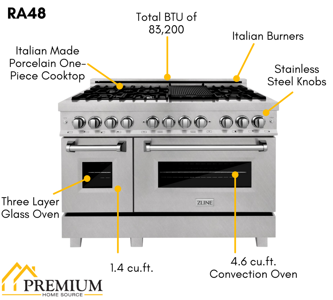 ZLINE Package - 48" Dual Fuel Range, Refrigerator with Water and Ice Dispenser, Range Hood and Dishwasher in Stainless Steel