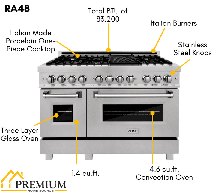 ZLINE Package - 48" Dual Fuel Range, Refrigerator with Water and Ice Dispenser, Range Hood and Dishwasher in Stainless Steel