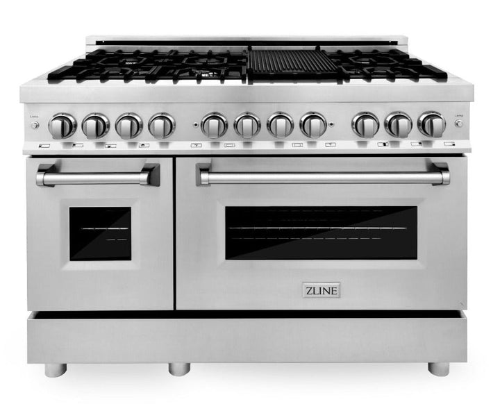 ZLINE Package - 48" Dual Fuel Range, Refrigerator with Water and Ice Dispenser, Range Hood and Dishwasher in Stainless Steel