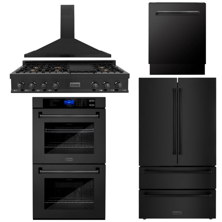 ZLINE Package - 48" Rangetop, Hood, Refrigerator, Dishwasher, Double Wall Oven in Black Stainless