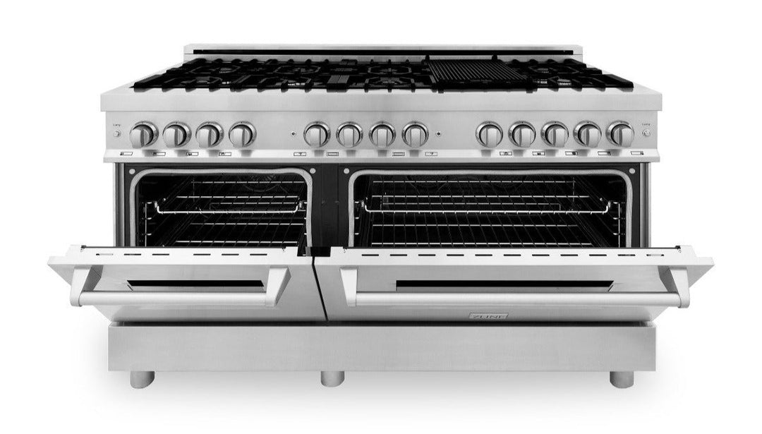 ZLINE Package - 60" Dual Fuel Range, Range Hood, Microwave, Dishwasher, Refrigerator with Water and Ice Dispenser