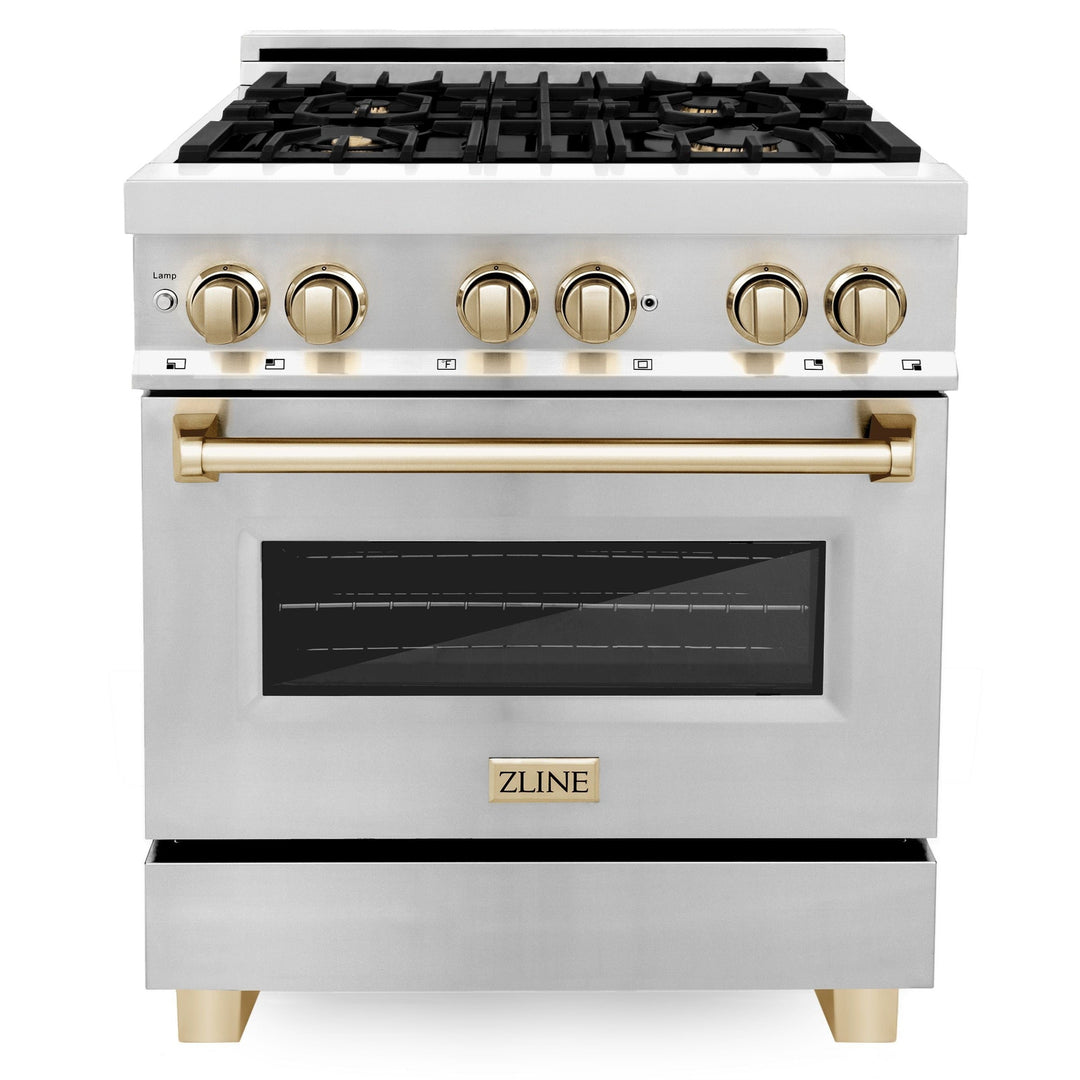 ZLINE Autograph Package - 30 In. Dual Fuel Range, Range Hood, Dishwasher in Stainless Steel with Gold Accents, 3AKP-RARHDWM30-G