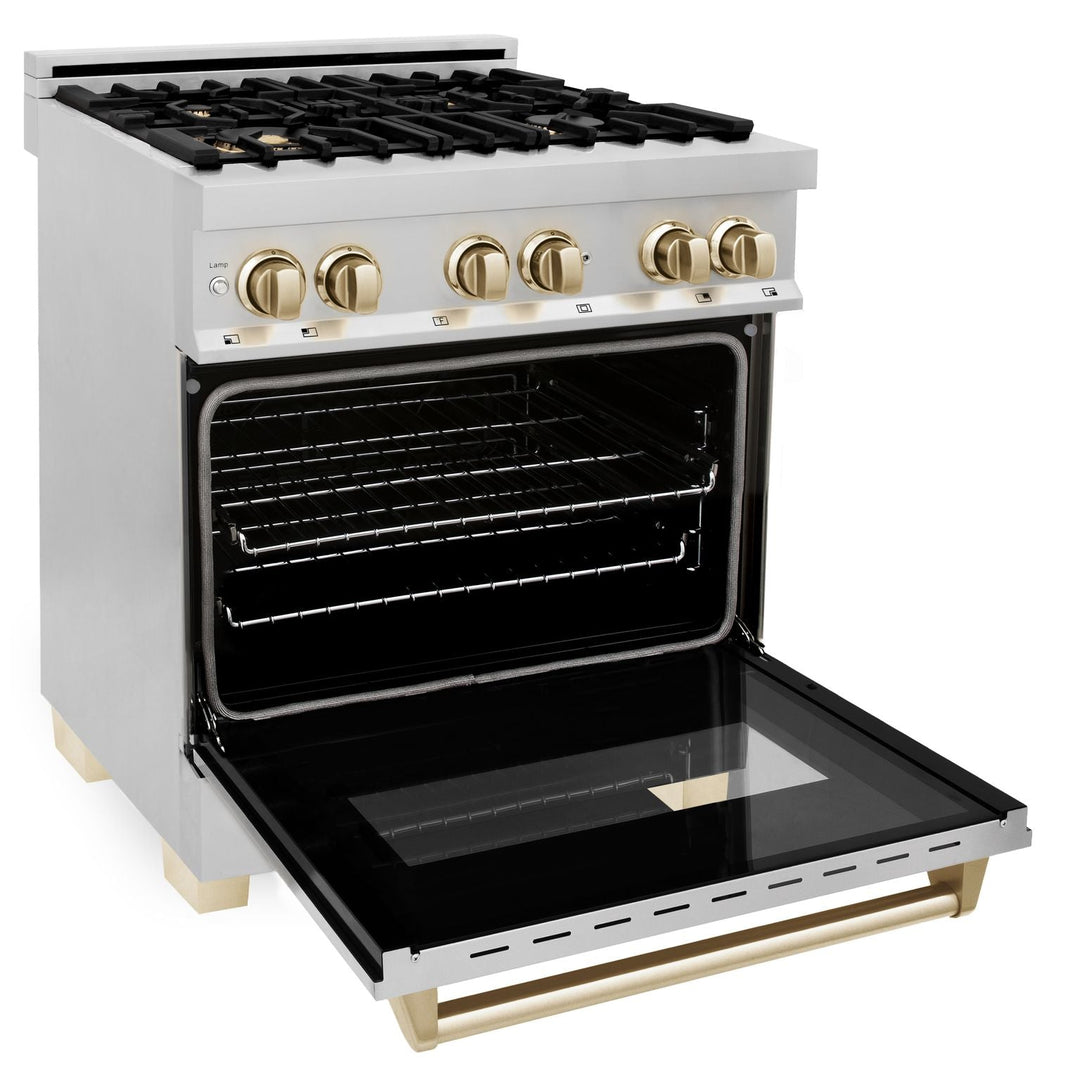 ZLINE Autograph Package - 30 In. Dual Fuel Range, Range Hood, Dishwasher in Stainless Steel with Gold Accents, 3AKP-RARHDWM30-G