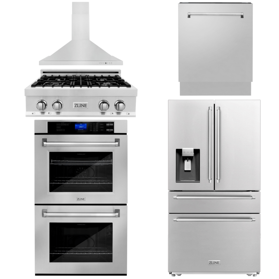 ZLINE Package - 30" Gas Rangetop, Range Hood, Refrigerator, Dishwasher, Double Wall Oven in Stainless Steel