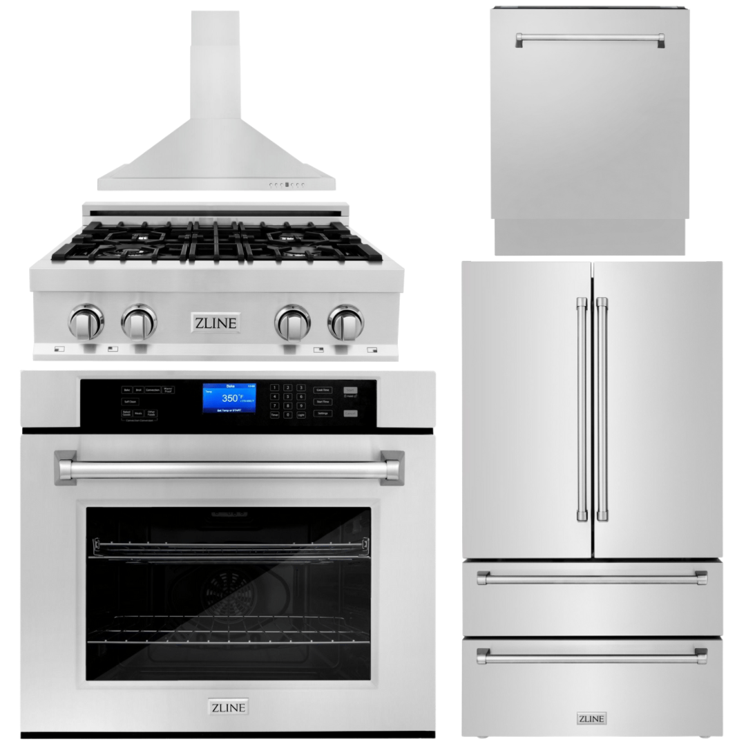 ZLINE Package - 30" Rangetop, Range Hood, Refrigerator with Water & Ice Dispenser, Dishwasher, Wall Oven