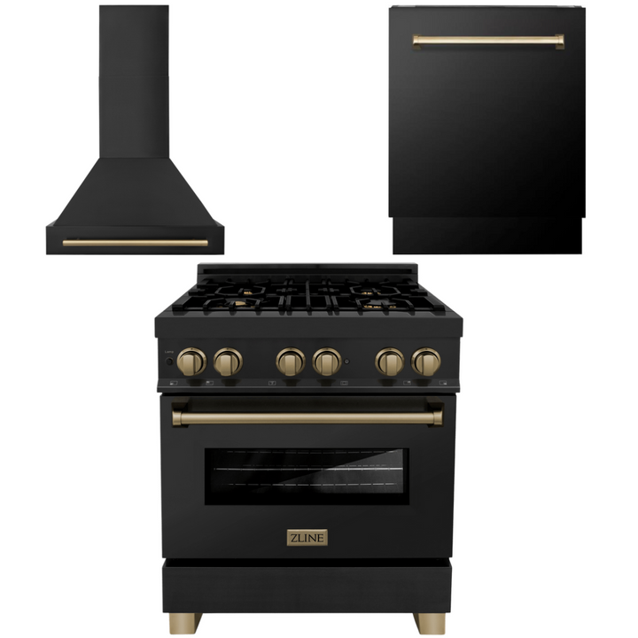 ZLINE Autograph Package - 30 In. Dual Fuel Range, Range Hood, Dishwasher in Black Stainless Steel with Champagne Bronze, 3AKP-RABRHDWV30-CB