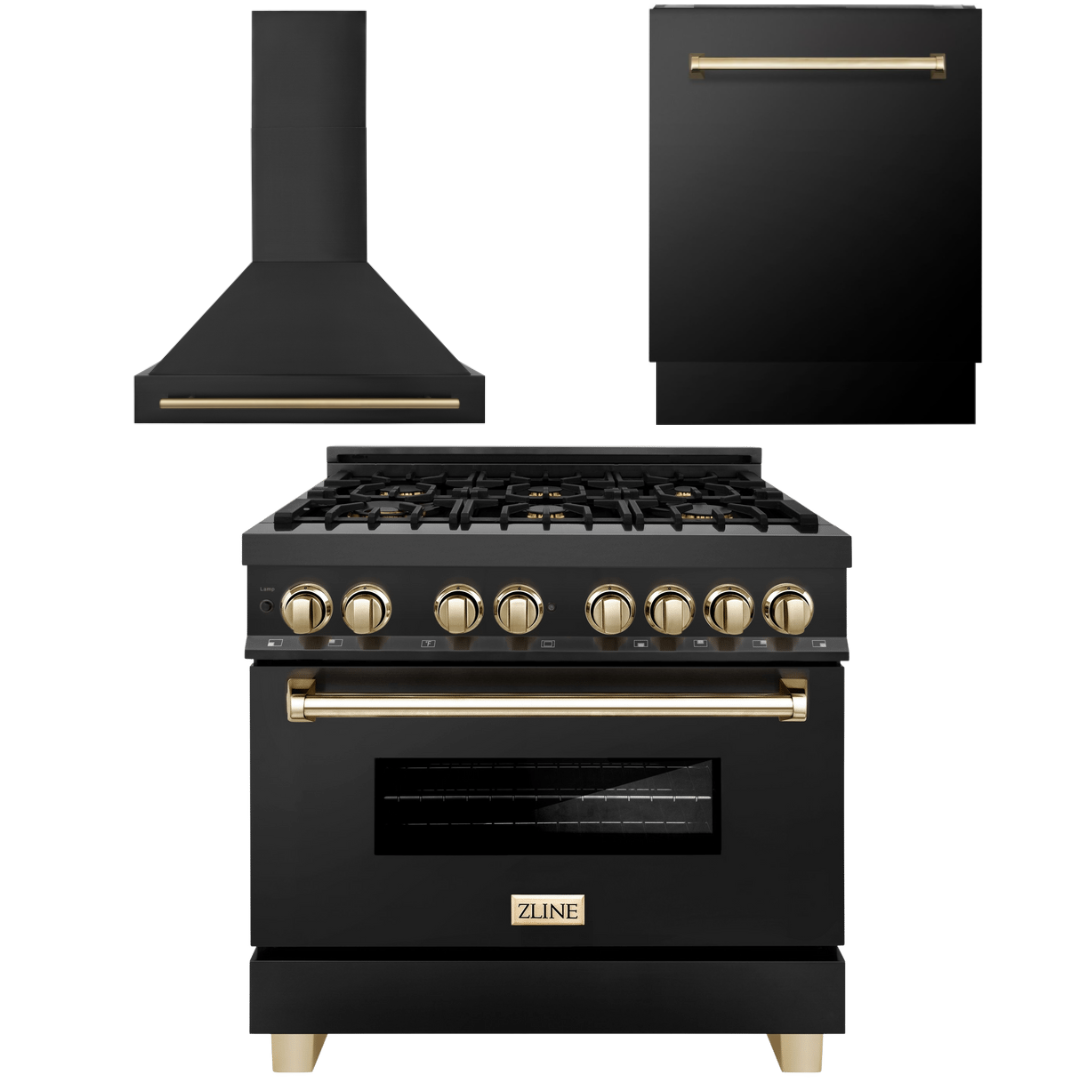 ZLINE Autograph Package - 36 In. Dual Fuel Range, Range Hood, Dishwasher in Black Stainless Steel with Gold Accent, 3AKP-RABRHDWV36-G