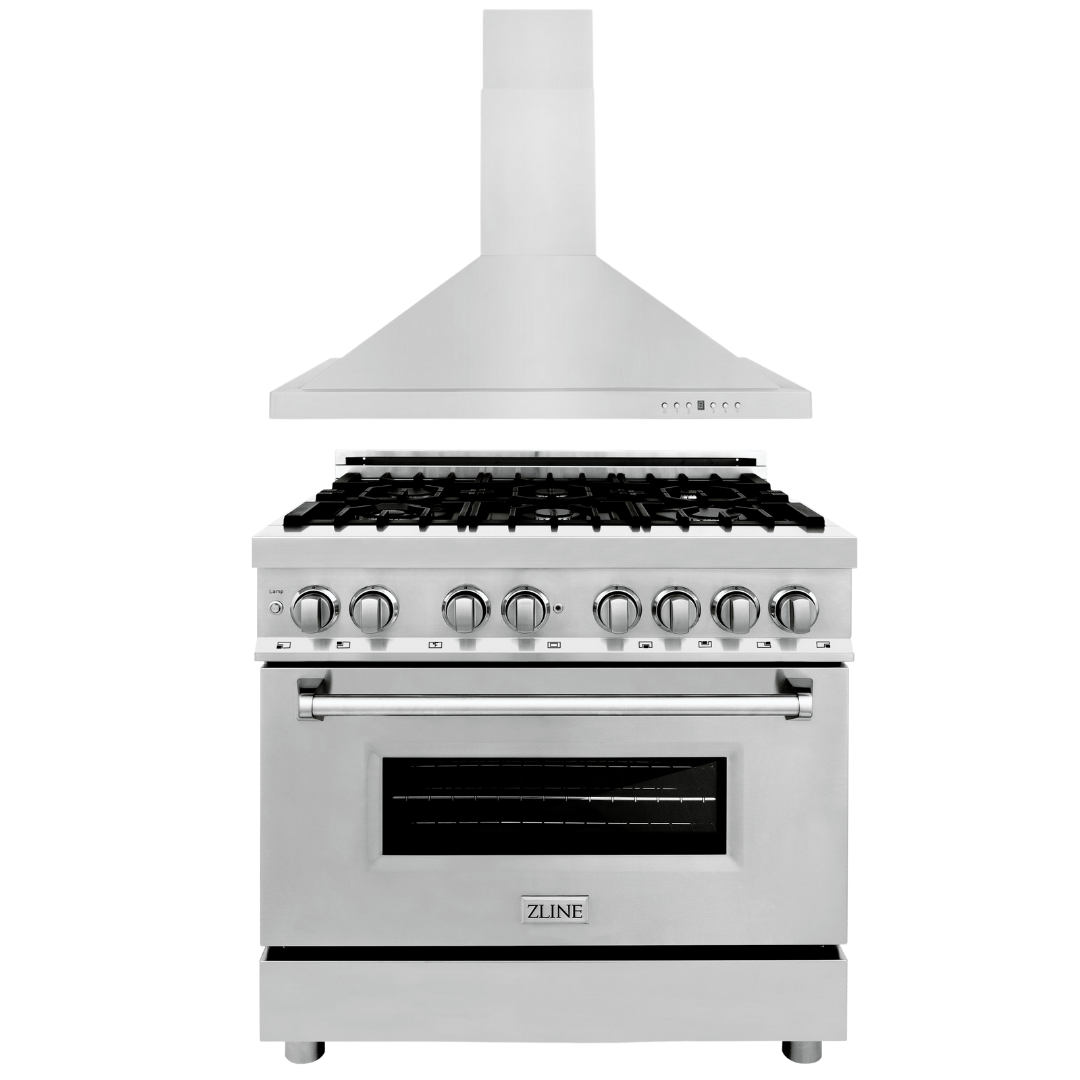 ZLINE Kitchen and Bath Appliance Package - 36 in. Dual Fuel Range, 36 in. Range Hood, 2KP-RARH36