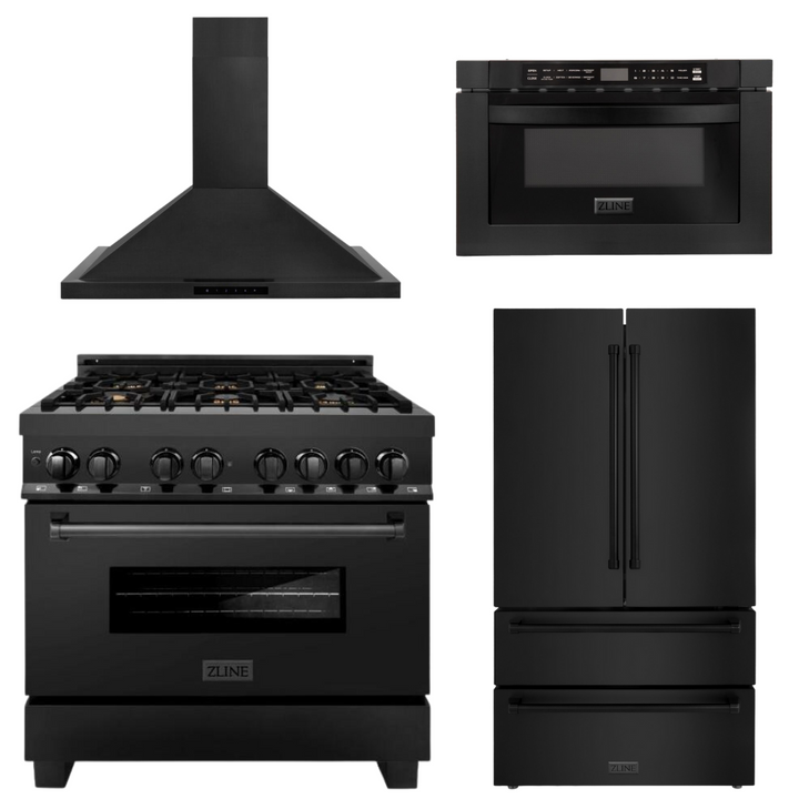 ZLINE Kitchen and Bath Appliance Package - 36 in. Dual Fuel Range, Range Hood, Microwave Drawer, Refrigerator in Black Stainless, 4KPR-RABRH36-MW