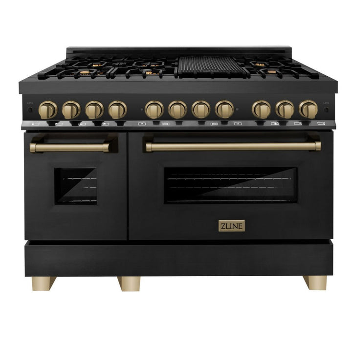 ZLINE Autograph Package - 48 In. Dual Fuel Range, Range Hood, Dishwasher in Black Stainless Steel with Champagne Bronze Accent, 3AKP-RABRHDWV48-CB