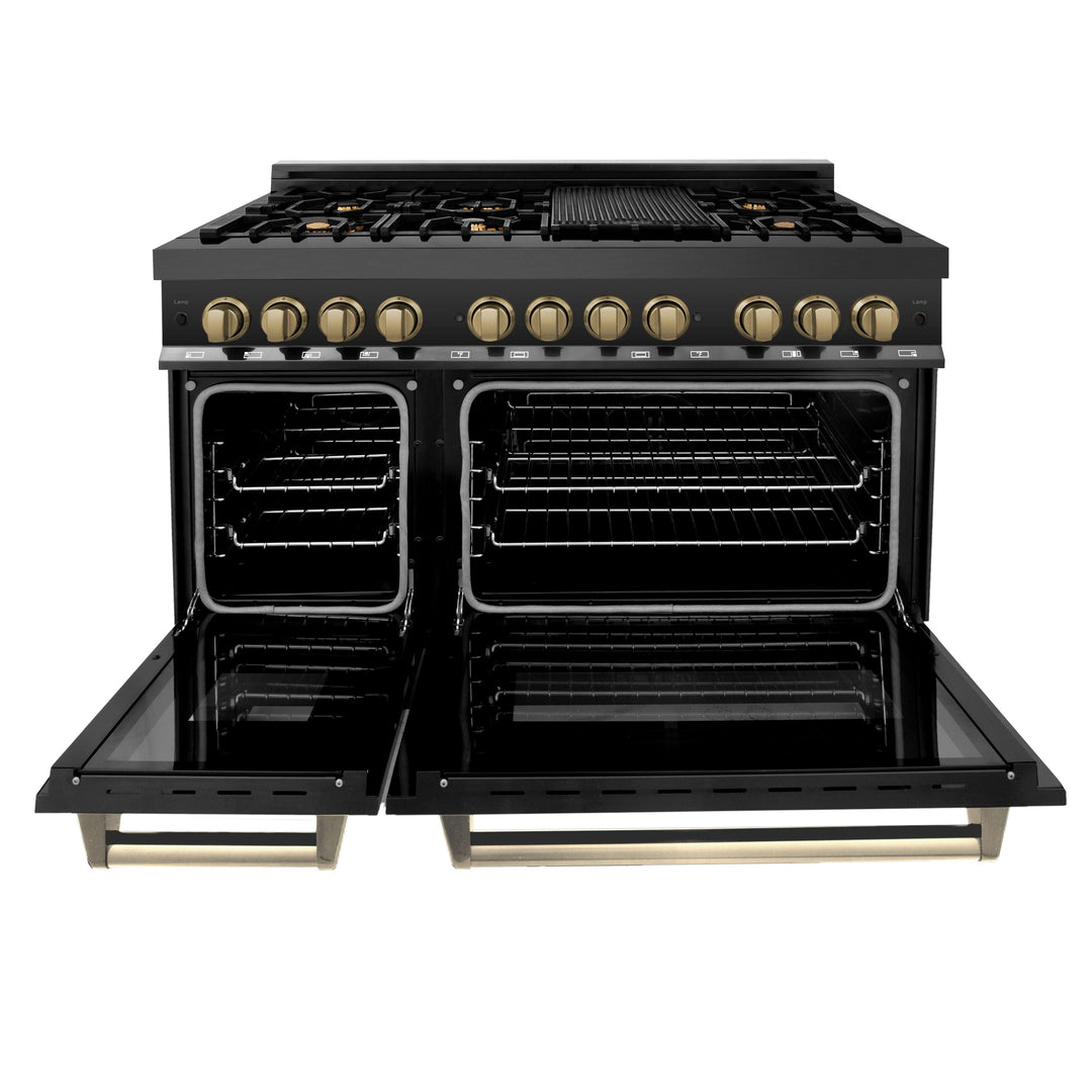 ZLINE Autograph Package - 48 In. Dual Fuel Range, Range Hood, Dishwasher in Black Stainless Steel with Champagne Bronze Accent, 3AKP-RABRHDWV48-CB