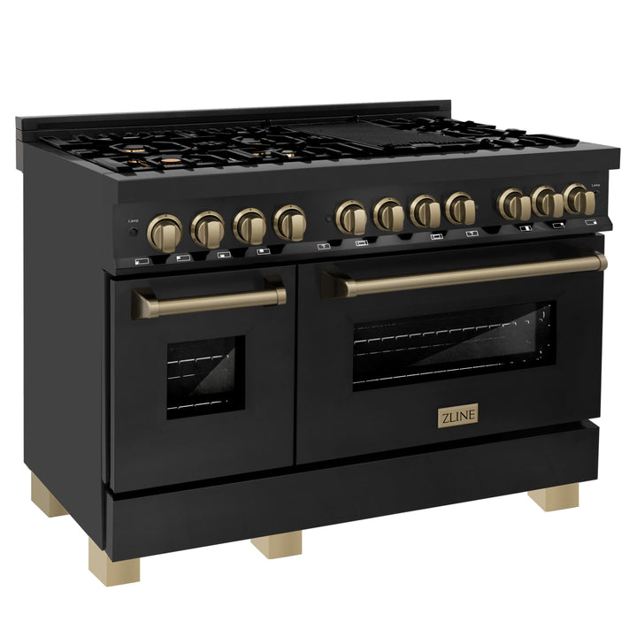 ZLINE Autograph Package - 48 In. Dual Fuel Range, Range Hood, Dishwasher in Black Stainless Steel with Champagne Bronze Accent, 3AKP-RABRHDWV48-CB