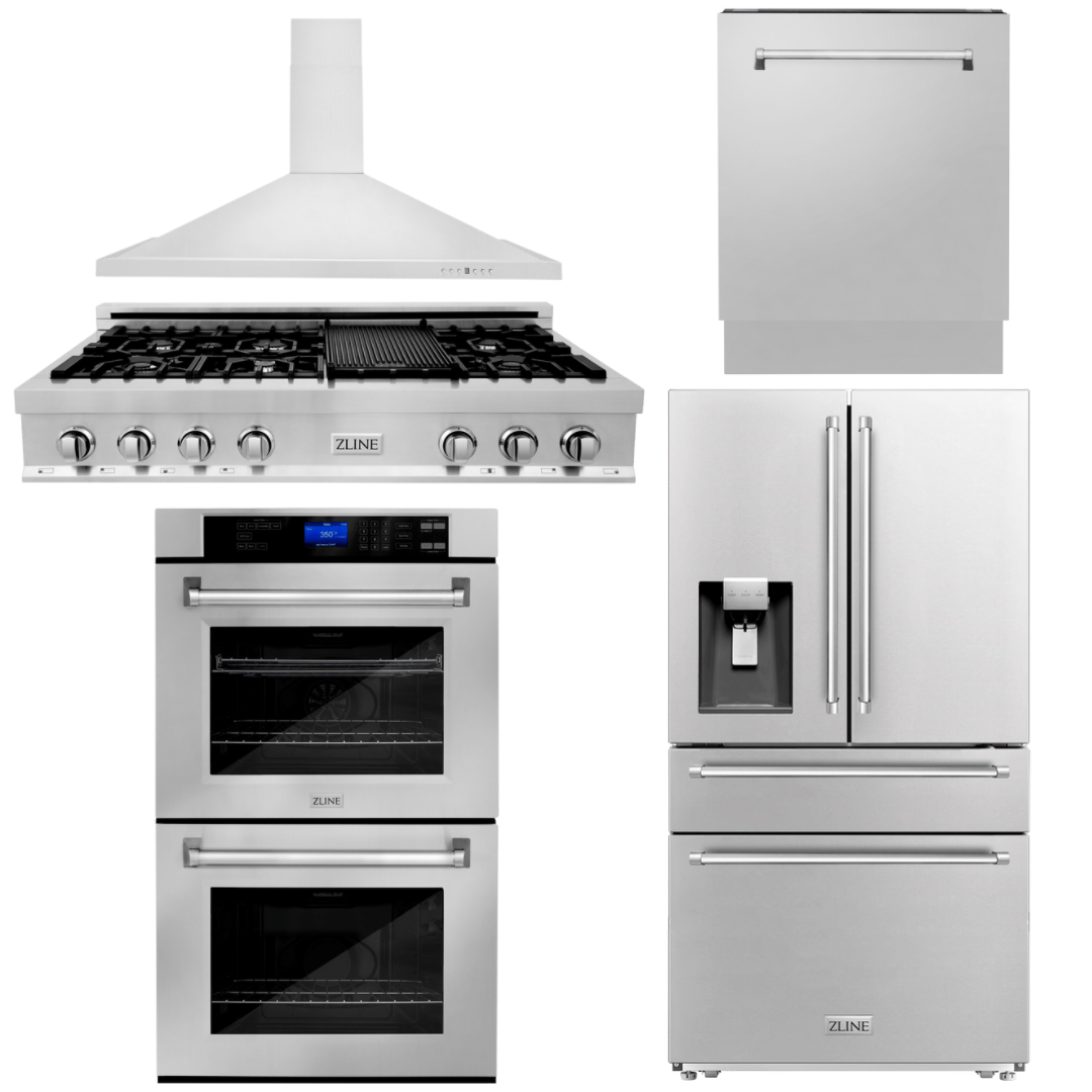 ZLINE Package - 48" Rangetop, Range Hood, Refrigerator with Water and Ice Dispenser, Dishwasher, Double Wall Oven