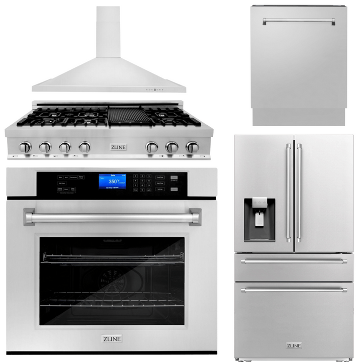 ZLINE Package - 48" Rangetop, Range Hood, Refrigerator with Water and Ice Dispenser, Dishwasher, Wall Oven