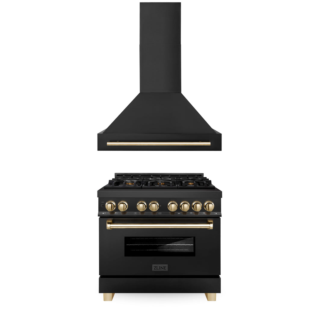 ZLINE Autograph Package - 36 In. Dual Fuel Range, Range Hood in Black Stainless Steel with Gold Accents, 2AKP-RABRH36-G