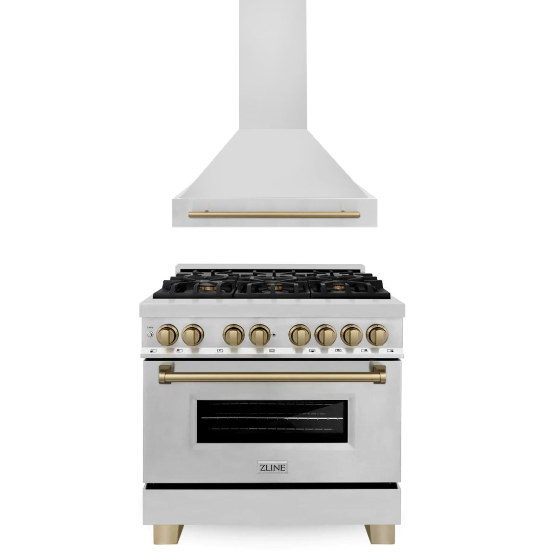 ZLINE Kitchen and Bath Autograph Package - 36 In. Dual Fuel Range, Range Hood in Stainless Steel with Champagne Bronze Accents, 2AKP-RARH36-CB