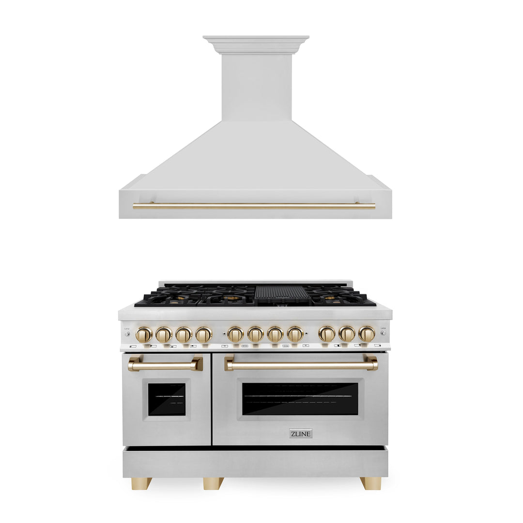 ZLINE Autograph Package - 48 In. Dual Fuel Range, Range Hood in Stainless Steel with Gold Accents, 2AKP-RARH48-G