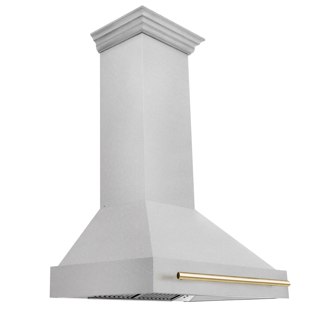 ZLINE Autograph 36 Inch DuraSnow® Stainless Steel Range Hood with DuraSnow® Shell and Gold Handle, 8654SNZ-36-G