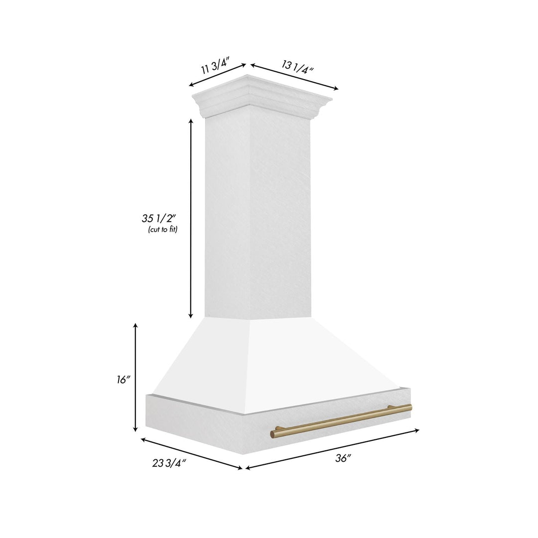 ZLINE Autograph 36 Inch DuraSnow® Stainless Steel Range Hood with White Matte Shell and Champagne Bronze Handle, 8654SNZ-WM36-CB