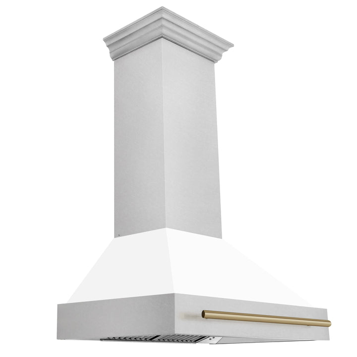 ZLINE Autograph 36 Inch DuraSnow® Stainless Steel Range Hood with White Matte Shell and Champagne Bronze Handle, 8654SNZ-WM36-CB