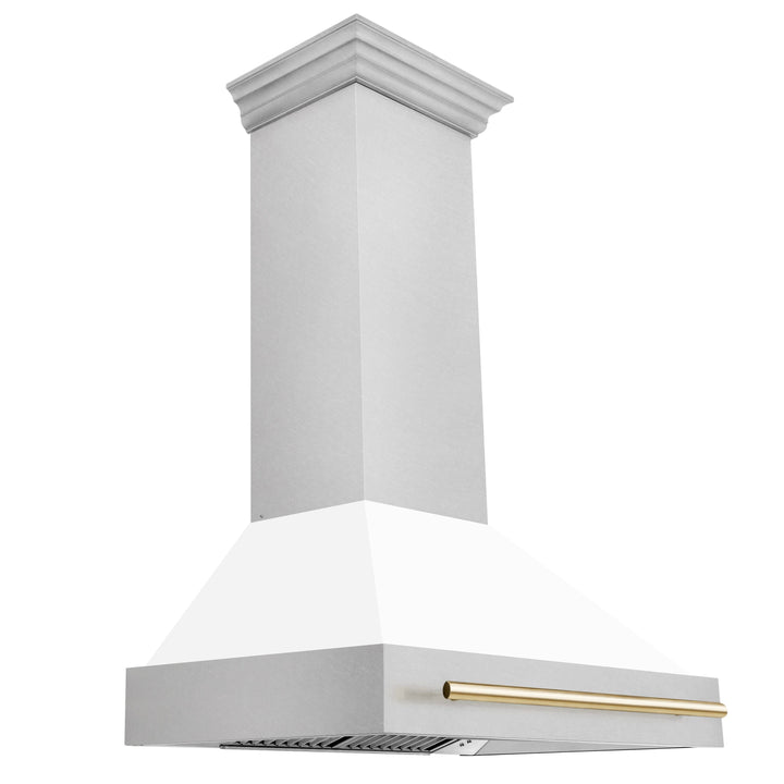 ZLINE Autograph 36 Inch DuraSnow® Stainless Steel Range Hood with White Matte Shell and Gold Handle, 8654SNZ-WM36-G