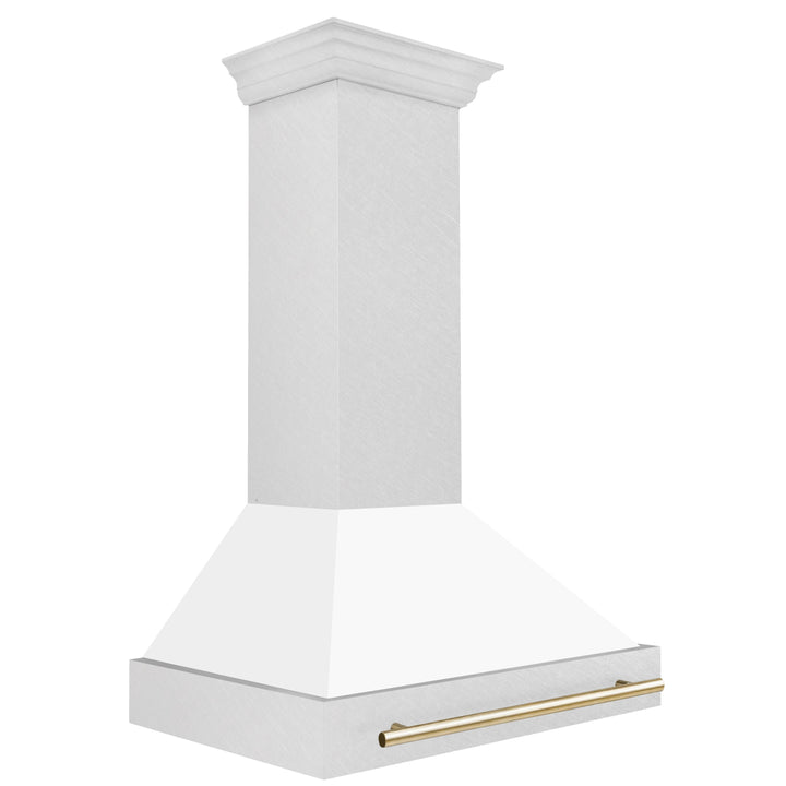 ZLINE Autograph 36 Inch DuraSnow® Stainless Steel Range Hood with White Matte Shell and Gold Handle, 8654SNZ-WM36-G