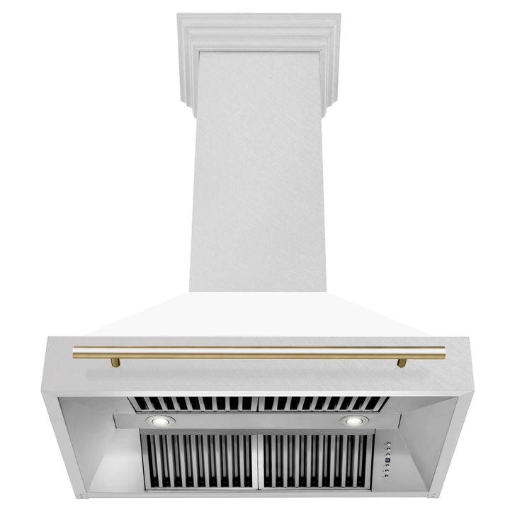 ZLINE Autograph 36 Inch DuraSnow® Stainless Steel Range Hood with White Matte Shell and Gold Handle, 8654SNZ-WM36-G