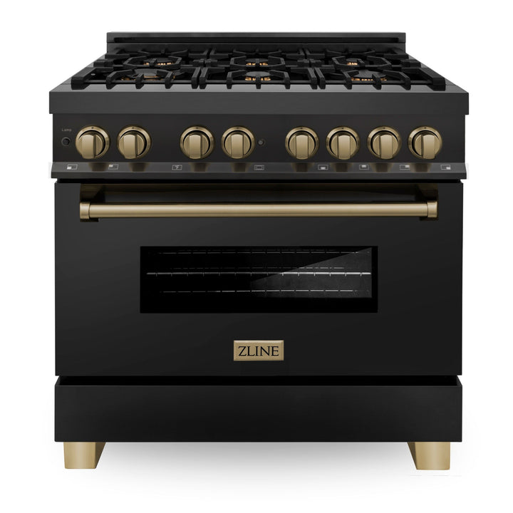 ZLINE Autograph Package - 36 In. Dual Fuel Range, Range Hood, Dishwasher in Black Stainless Steel with Champagne Bronze Accent, 3AKP-RABRHDWV36-CB