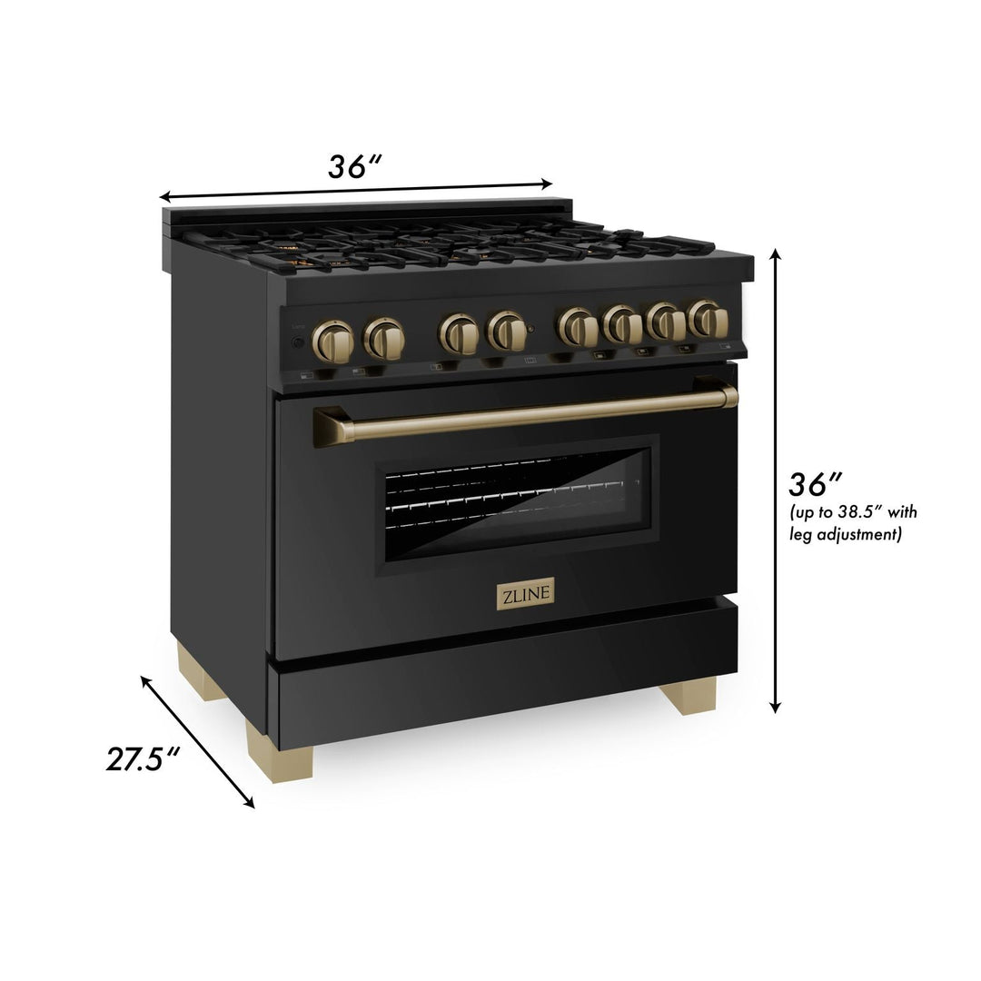 ZLINE Autograph Package - 36 In. Dual Fuel Range, Range Hood, Dishwasher in Black Stainless Steel with Champagne Bronze Accent, 3AKP-RABRHDWV36-CB