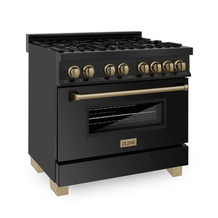 ZLINE Autograph Package - 36" Dual Fuel Range, Range Hood, Refrigerator, Dishwasher in Black Stainless with Bronze Accents