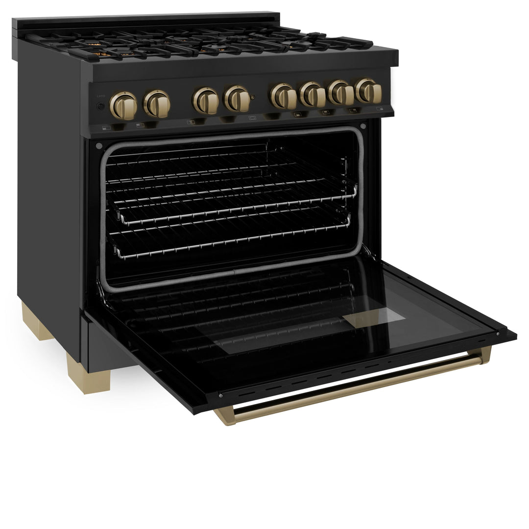 ZLINE Autograph Package - 36 In. Dual Fuel Range, Range Hood, Dishwasher in Black Stainless Steel with Champagne Bronze Accent, 3AKP-RABRHDWV36-CB