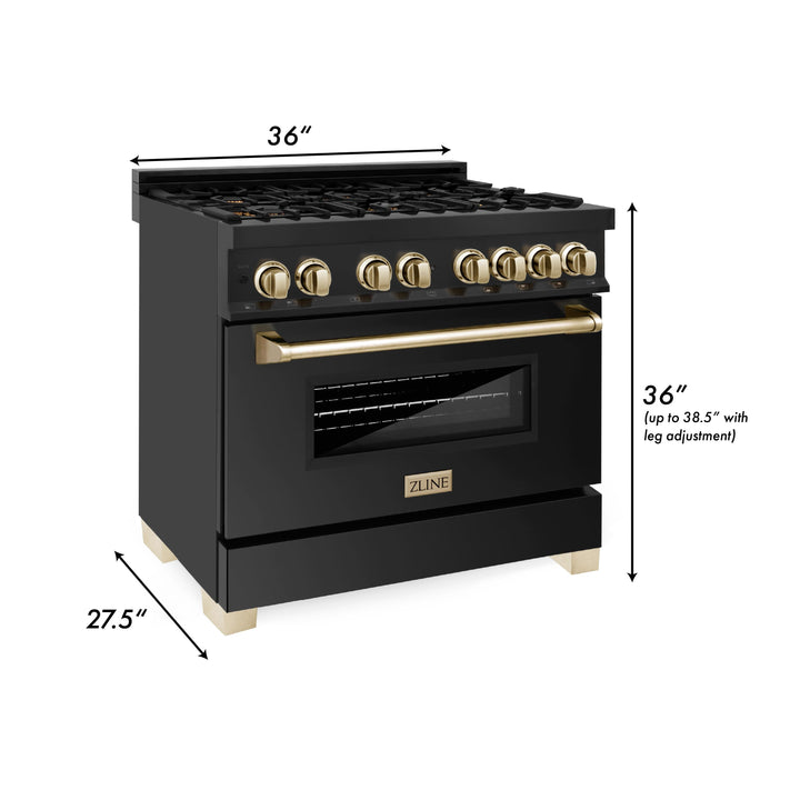 ZLINE Autograph Package - 36 In. Dual Fuel Range, Range Hood, Dishwasher in Black Stainless Steel with Gold Accent, 3AKP-RABRHDWV36-G