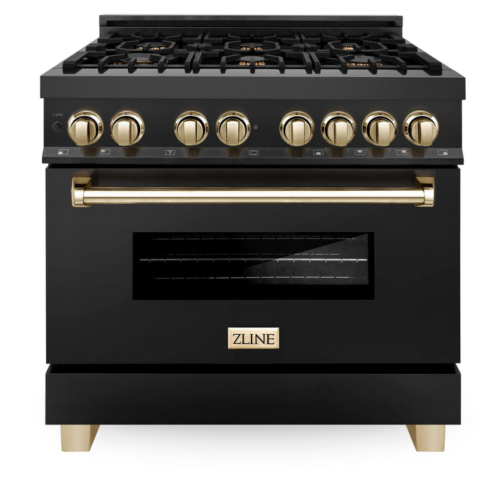 ZLINE Autograph Package - 36" Dual Fuel Range, Range Hood, Refrigerator, Dishwasher in Black Stainless with Gold Accents