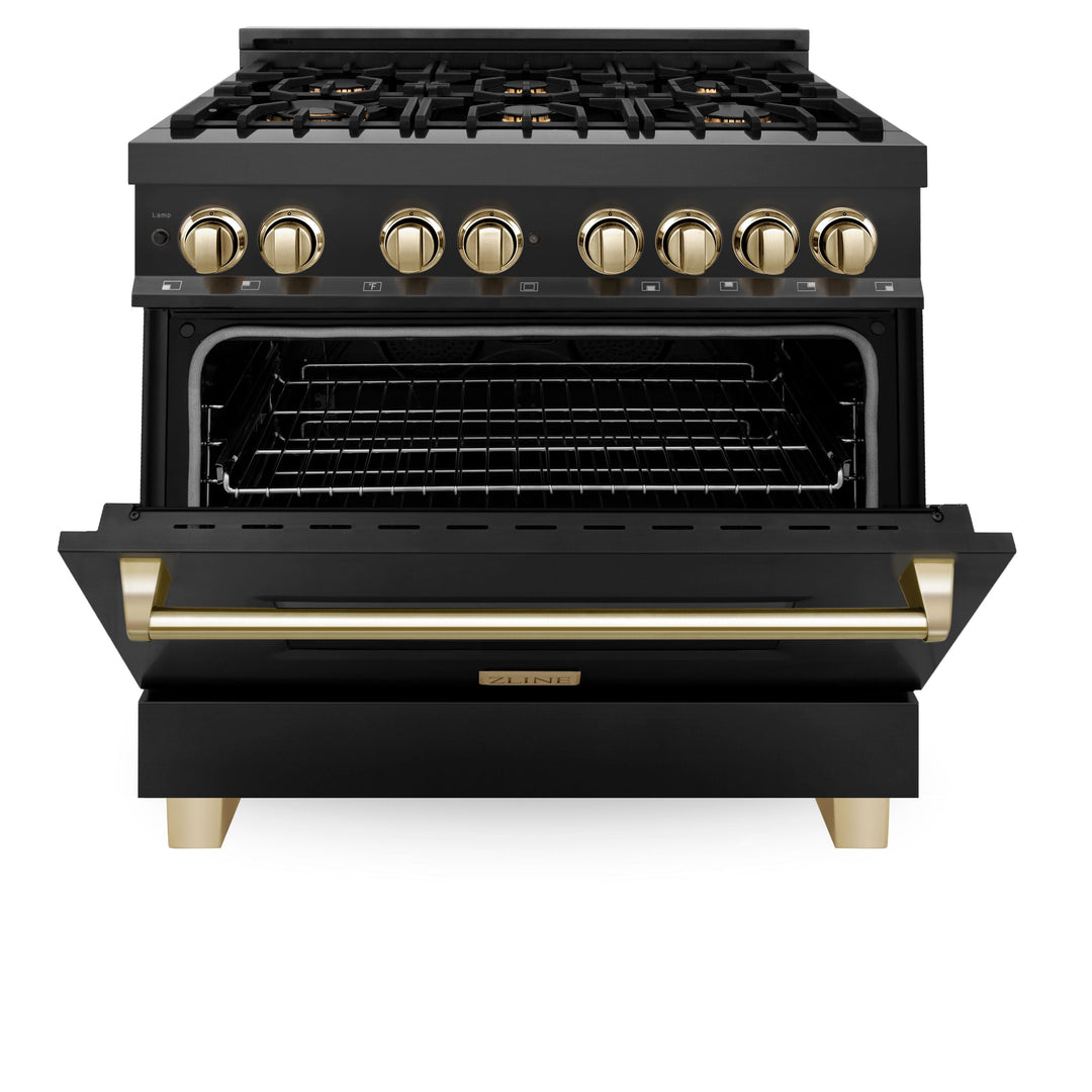 ZLINE Autograph Package - 36 In. Dual Fuel Range, Range Hood in Black Stainless Steel with Gold Accents, 2AKP-RABRH36-G